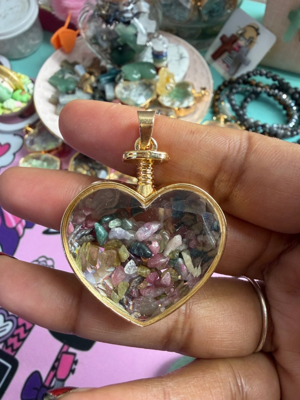 Gold Heart Pendant Necklace with Multicolor Tourmaline Chips